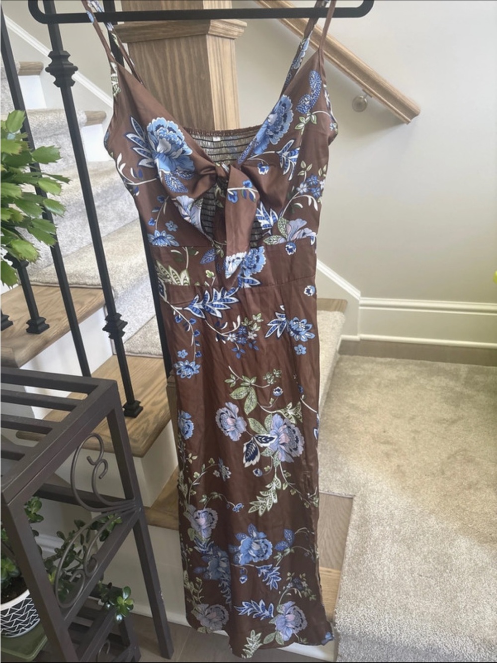 Brown Floral Maxi Dress with Blue Floral Print